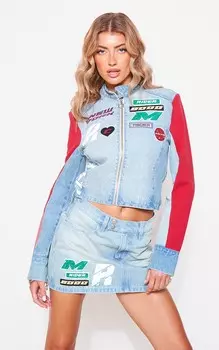 PrettyLittleThing Голубая джинсовая куртка с застежкой-молнией спереди и надписью Racer