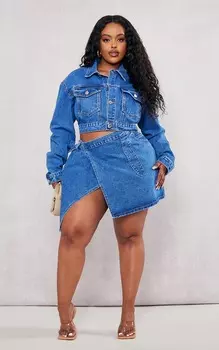 PrettyLittleThing Голубая джинсовая мини-юбка с запахом Plus Mid Blue