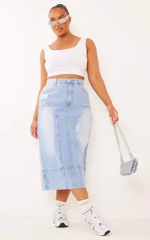 PrettyLittleThing Голубая джинсовая юбка-миди с эффектом потертости плюс