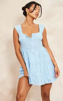 PrettyLittleThing Голубое фактурное тканое платье прямого кроя на пуговицах с овальным вырезом