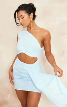 PrettyLittleThing Голубое льняное облегающее платье с вырезом на одно плечо и драпировкой