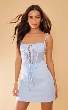 PrettyLittleThing Голубое облегающее платье с корсетом и завязками из плетеной сетки