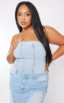 PrettyLittleThing Голубой джинсовый корсет из эластичного денима с эффектом потертости и швами