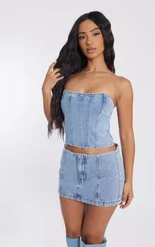 PrettyLittleThing Голубой джинсовый корсетный топ-бандо Petite