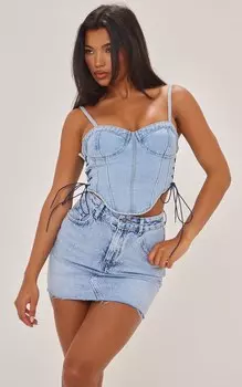 PrettyLittleThing Голубой джинсовый корсетный верх с люверсами сбоку и окунутым передом