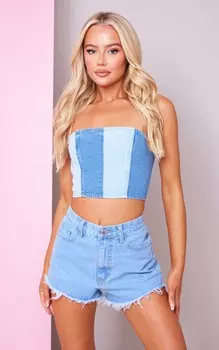 PrettyLittleThing Голубой джинсовый топ-бандо с контрастными вставками