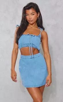 PrettyLittleThing Голубой джинсовый топ-бандо со сборками