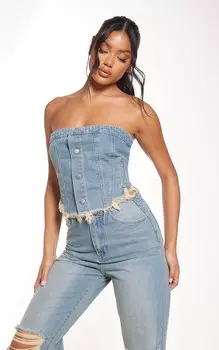 PrettyLittleThing Голубой джинсовый топ с необработанными краями на пуговицах спереди