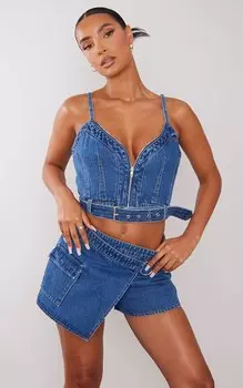 PrettyLittleThing Голубой джинсовый топ с поясом и молнией спереди