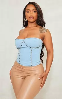 PrettyLittleThing Голубой корсет-бандо из эластичного денима с заклепками
