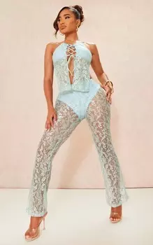 PrettyLittleThing Голубые брюки-клеш с кружевными вставками
