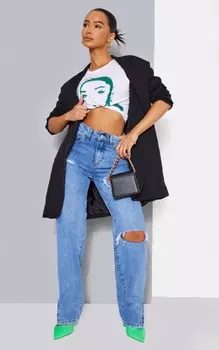 PrettyLittleThing Голубые джинсы Petite с рваными разрезами на подоле