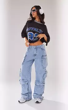 PrettyLittleThing Голубые широкие джинсы с карманами Petite Petite