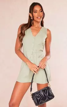 PrettyLittleThing Хаки Комбинезон с фактурной плетеной отделкой и пуговицами