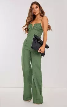 PrettyLittleThing Хаки Широкий тканый комбинезон с V-образной перемычкой и корсетом