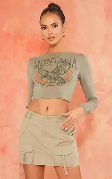 PrettyLittleThing Хаки Укороченная футболка с длинными рукавами и принтом Montana