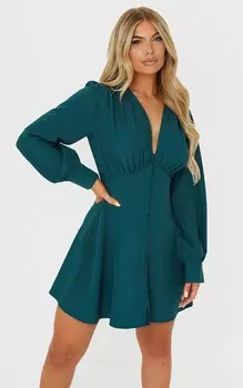 PrettyLittleThing Изумрудно-зеленое платье свободного кроя на пуговицах с талией