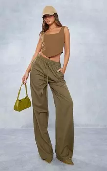 PrettyLittleThing Эластичные широкие брюки цвета хаки с льняным узором на кулиске