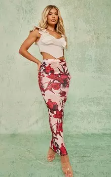 PrettyLittleThing Юбка макси с низкой посадкой и цветочным принтом телесного цвета