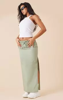 PrettyLittleThing Юбка мидакси из хлопкового поплина цвета хаки с разрезом на талии и кулиской по бокам
