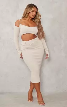 PrettyLittleThing Юбка мидакси овсяного цвета с складкой в рубчик на талии