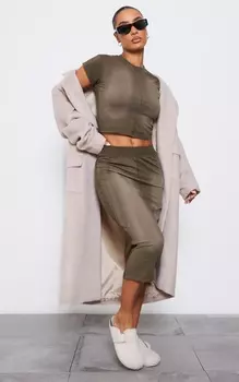 PrettyLittleThing Юбка-миди цвета хаки из джерси с мытой окантовкой