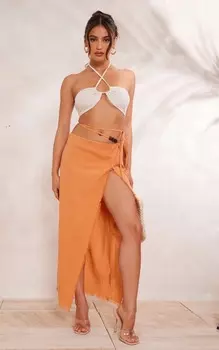 PrettyLittleThing Юбка миди из глиняного льна с завязками по бокам и бусинами