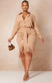 PrettyLittleThing Юбка миди с драпировкой и льняной текстурой Plus с кисточками