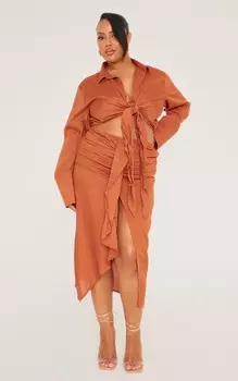 PrettyLittleThing Юбка миди с драпировкой спереди цвета ржавчины и льняным эффектом