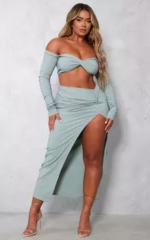PrettyLittleThing Юбка-миди Shape Sage Green из эластичной ткани со сборками и разрезами