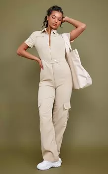 PrettyLittleThing Комбинезон карго с тканым воротником и молнией из камня