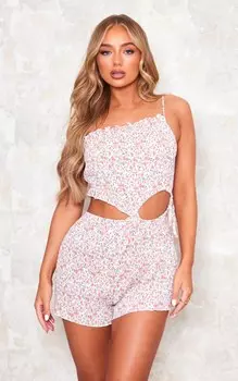 PrettyLittleThing Комбинезон на одно плечо с оборками и цветочным принтом Multi Ditsy