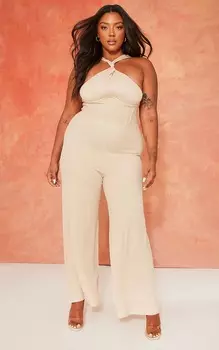 PrettyLittleThing Комбинезон Plus Oatmeal с корсетом и широкими штанинами