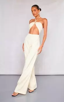 PrettyLittleThing Комбинезон с бретелькой на бретельках Stone и отделкой из льна с вырезами