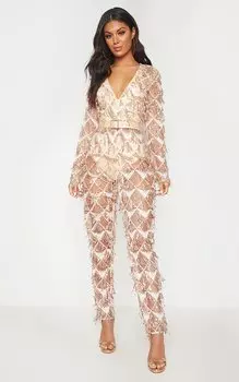 PrettyLittleThing Комбинезон с глубоким вырезом и пайетками цвета розового золота