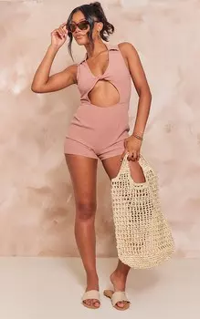 PrettyLittleThing Комбинезон с льняным эффектом шоколадного цвета и вырезом на воротнике