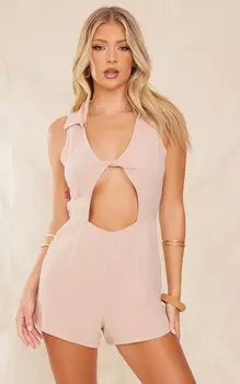 PrettyLittleThing Комбинезон с льняным эффектом Stone и вырезом на воротнике