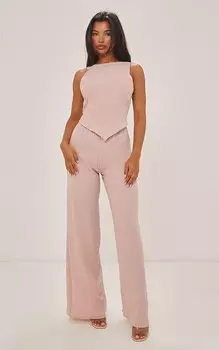 PrettyLittleThing Комбинезон с широкими штанинами и асимметричным подолом, льняной эффект Stone