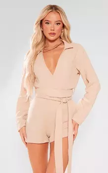 PrettyLittleThing Комбинезон с текстурированной рубашкой с завязками на талии и каменной складкой