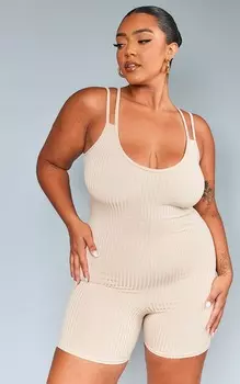 PrettyLittleThing Комбинезон в рубчик с двойными бретелями Plus Stone