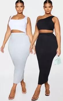 PrettyLittleThing Комплект из 2 базовых черно-серых трикотажных юбок мидакси Plus