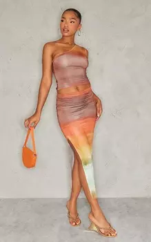 PrettyLittleThing Коричневая облегающая юбка мидакси с низкой посадкой и принтом омбре