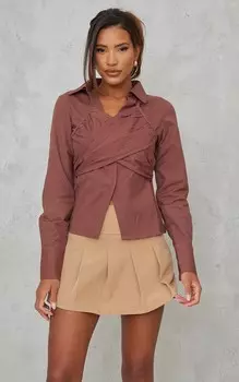 PrettyLittleThing Коричневая приталенная рубашка с драпировкой и льняной имитацией