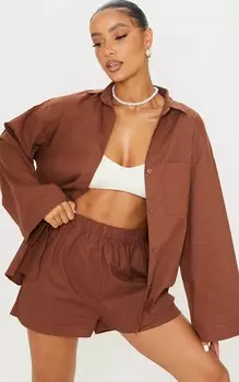 PrettyLittleThing Коричневая свободная рубашка с плетеными рукавами-фонариками