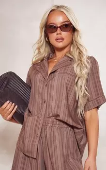 PrettyLittleThing Коричневая свободная рубашка свободного кроя из плетеной окантовки с принтом в полоску