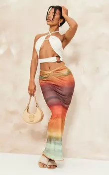 PrettyLittleThing Коричневая юбка мидакси с мягким принтом и узлом спереди