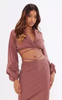 PrettyLittleThing Коричневая укороченная рубашка с плетеной завязкой на талии