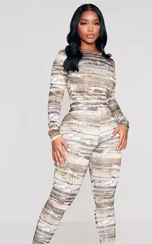 PrettyLittleThing Коричневое облегающее боди с длинными рукавами и принтом Shape