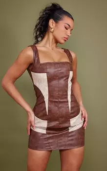 PrettyLittleThing Коричневое облегающее платье из искусственной кожи с контрастными вставками