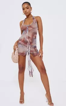 PrettyLittleThing Коричневое облегающее платье из сетчатой ткани с принтом бабочек и воротником-халтер с оборками по центру